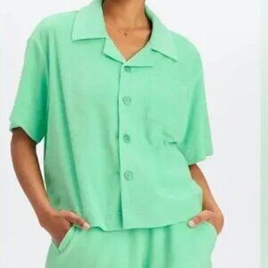 Fabletics Island Terry Cloth Mint Green Shirt Shorts Set Sz XL Pockets Vacation
